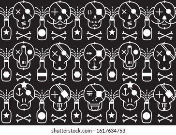 
Pattern of skulls and bones on a black background