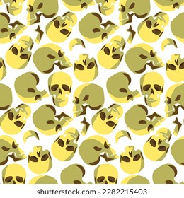 A pattern of skulls from different angles. Background with portraits, human skulls on a white background. Background for printing for the holiday of the Day of the dead and Halloween