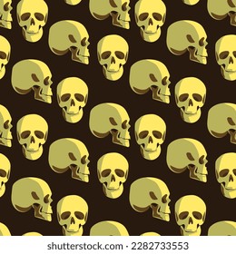 A pattern of skulls from different angles. Background with portraits, human skulls on a brown background. Background for printing for the holiday of the Day of the dead and Halloween