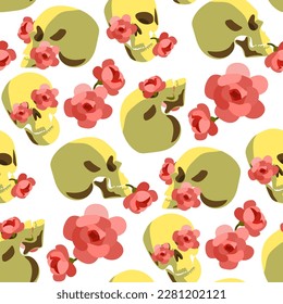 A pattern of skulls with flowers. Background with portraits, human skulls and flowers inside. Background for printing for the holiday of the Day of the dead and Halloween