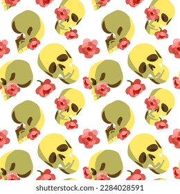 A pattern of skulls with flowers. Background with portraits, human skulls and flowers inside. Background for printing for the holiday of the Day of the dead and Halloween