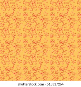 pattern with skulls and hearts, bones, daggers, seamless background in red and yellow