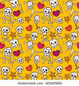 pattern with skulls and hearts, bones and daggers, colorful seamless background