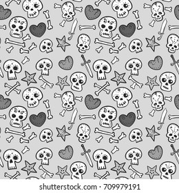 pattern with skulls and hearts, bones and daggers, monochrome seamless background