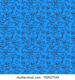 pattern with skulls and hearts, daggers, bones, vector illustration