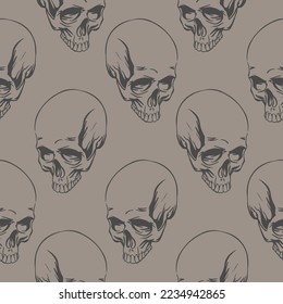 Pattern of skulls on a gray background in hendrow style for print and design.Vector illustration.