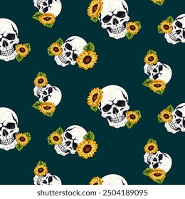 Pattern with skulls and sunflowers.Vector seamless pattern with skulls and sunflowers on a colored background.