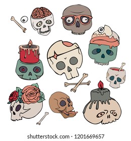 pattern with skulls, vector. Halloween invitation, stikers, menu, flyer, card. Black and white with line art illustration. Colors vintage