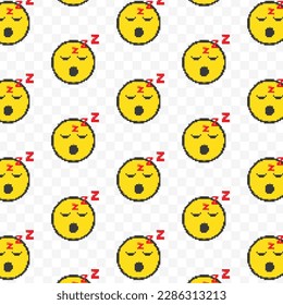 Pattern of sleep emoticons in transparent background. 8-bit pixel art backdrop. Vector illustration. Vector Illustration