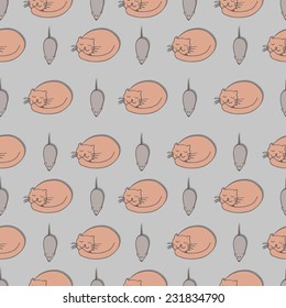 Pattern sleeping cat with a smile and a mouse on a gray background
