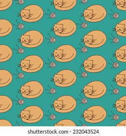 Pattern sleeping cat with a smile on a green background with ball of wool