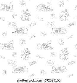 Pattern of sleeping dogs with black spots on a white background. Vector illustration in funny style.