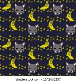 pattern with sleeping kitty stars and moon on black color background