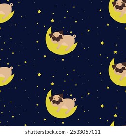 Pattern Sleeping pug puppy and moon. Factory textiles.