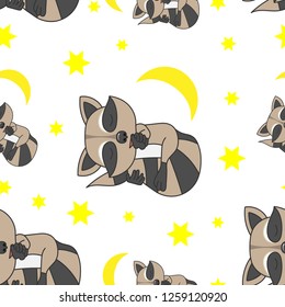 Pattern Sleeping raccoon On white background image of a sleeping little raccoon. Around the raccoon golden stars and the month. Vector image.