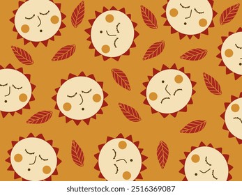 Patrón de soles durmientes y hojas de otoño sobre fondo naranja. Fondo de pantalla, ambiente otoñal. Ilustración vectorial