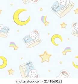 Pattern with sleeping white bunny, moon and stars