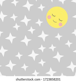 pattern. a sleeping yellow moon and white stars on a gray background
