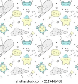 Pattern with sleep-related elements on a white background. Cloud. The cat is sleeping. Mask for sleep. Flat style. The star is sleeping. Seamless, textile. Vector illustration