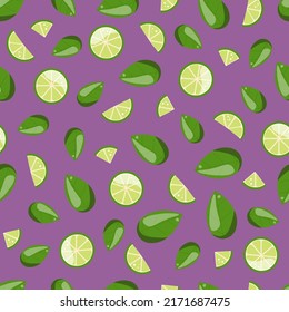 Pattern of slice of lime and mint. Vector illustration in cartoon style. Citrus fruit seamless vector pattern. Green colors. Raw, organic and vegetarian food. Patern of stylized green limes or lemon.