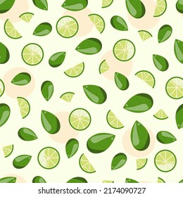 Pattern of slice of lime and mint. Vector illustration in cartoon style. Citrus fruit seamless vector pattern. Green colors. Raw, organic and vegetarian food. Patern of stylized green limes or lemon.