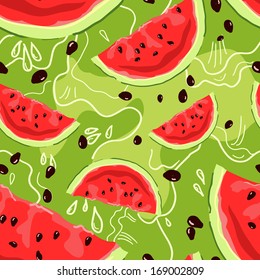 pattern with slice of watermelons; fresh summer bright seamless vector background; green and red colorful vector