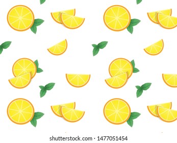 Pattern of sliced orange with mint on a white background.
