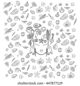 pattern with sliced vegetables. in the middle of the goddess of fertility