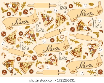 Pattern with slices of different pizza, ribbon and ingredients in beige tones