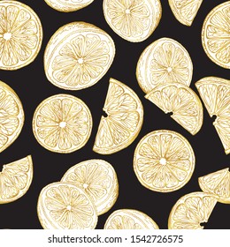 Pattern of slices and halves of lemons on a dark background. Seamless pattern. Fruits. Eco print.