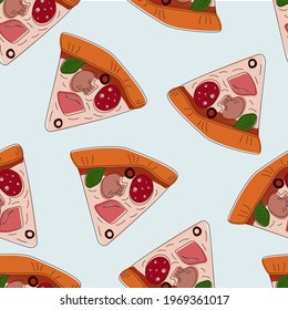 Pattern with slices of pizza in a hand-drawn style on a bare background. Pizza with ham, mushrooms, pepperoni, olives. 
