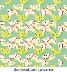 Pattern of slices of watermelon, apple, kiwi, orange, tangerine, melon - sweet urashenie on a green background