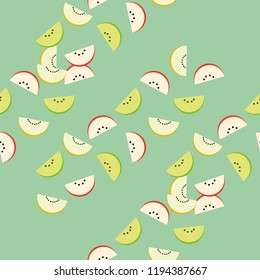 Pattern of slices of watermelon, apple, kiwi, orange, tangerine, melon - sweet urashenie on a green background