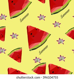 Pattern with slices of watermelon and flowers on the yellow background