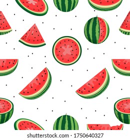 Pattern of slices of watermelon and seeds on a white background