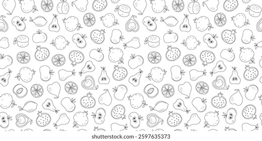 Pattern of slices and whole fruits, line art drawing. Simple abstract fruits with leaves. Vitamin natural vegetarian food, garden harvest. Seamless background.