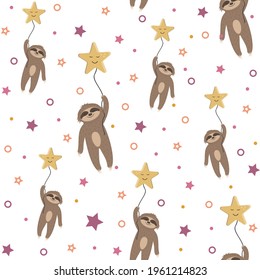 Pattern Sloths in the sky flying on a sleeping star, children's wallpaper textile, background white