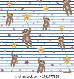 Pattern Sloths in the sky flying on a sleeping star, children's wallpaper textile, white striped background