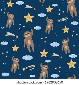 Pattern Sloths in the sky flying on a sleeping star, children's wallpaper textile, background dark blue