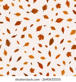Pattern with small autumn leaves. Different types and shapes of leaves. Oak, maple, rowan, birch, linden. Print for paper packaging, textile, wallpaper, design, decoration