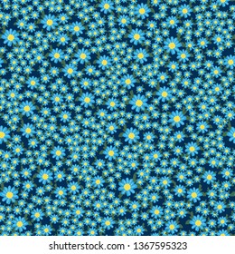 Pattern with small blue flowers on blue background. For textile, background, wrapping paper, Wallpaper, decoration.