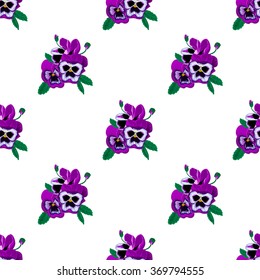 The pattern of a small bouquet of beautiful and delicate violets on a white background.