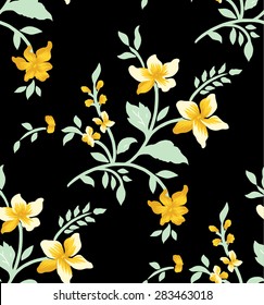 Pattern of small bouquet of orange flowers on a black background.Repeat on step.