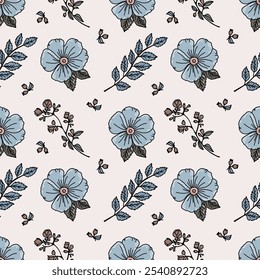 A pattern of small bright pastel tones. Delicate blue flowers.