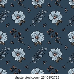 A pattern of small bright pastel tones. Delicate blue flowers.