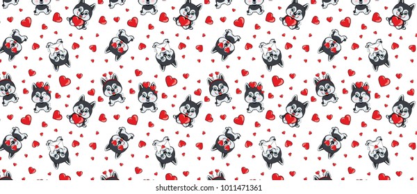 A pattern with small brown dogs with red hearts on a white background.Vector dog Alaskan Kli Kai breed sitting