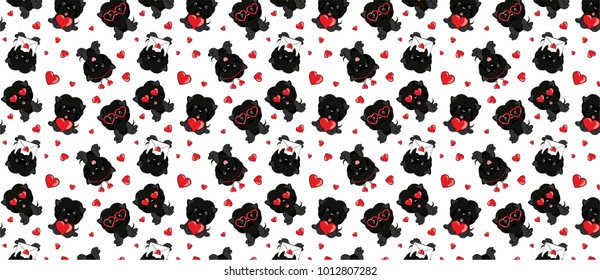 A pattern with small brown dogs with red hearts on a white background.dog Affenpinscher