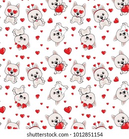 A pattern with small brown dogs with red hearts on a white background.Cartoon Illustration of Eskimo Dog or Spitz