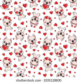 A pattern with small brown dogs with red hearts on a white background. Dogo Argentino dog