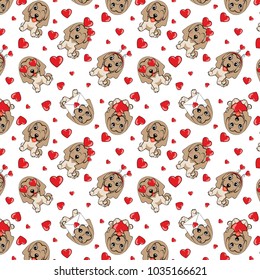 A pattern with small brown dogs with red hearts on a white background. Afghan hound breed.